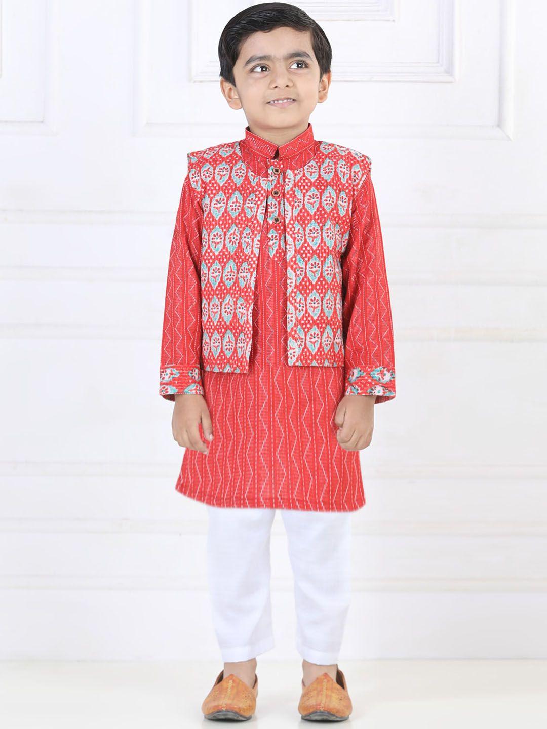 kinder-kids-boys-printed-kantha-work-pure-cotton-kurta-with-pyjamas-&-waistcoat