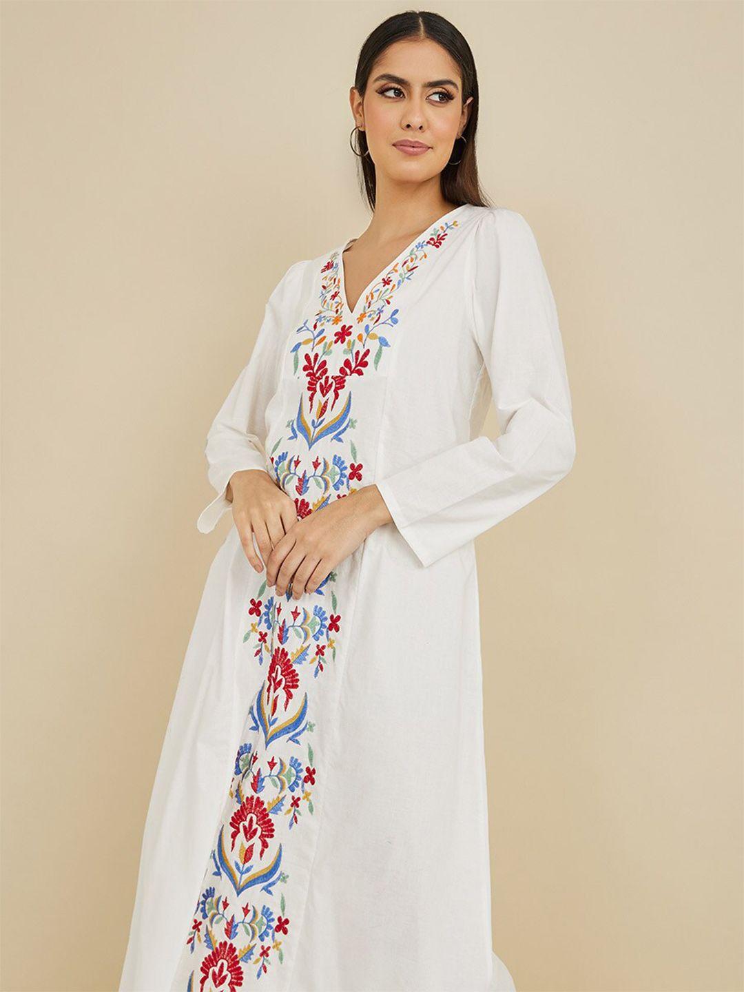 styli-off-white-ethnic-motifs-embroidered-v-neck-cotton-maxi-dress