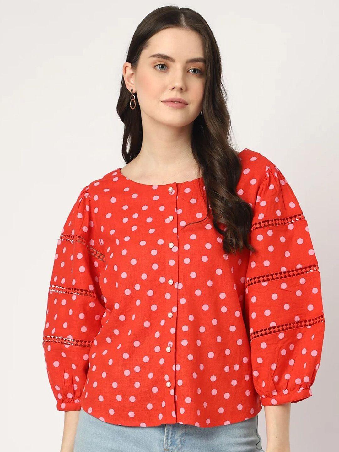 marks-&-spencer-polka-dots-printed-puff-sleeves-lace-inserts-shirt-style-top