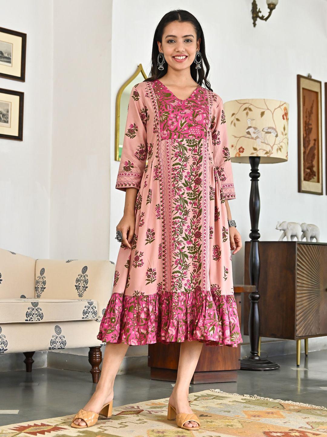 rustorange-pink-floral-print-a-line-midi-ethnic-dress