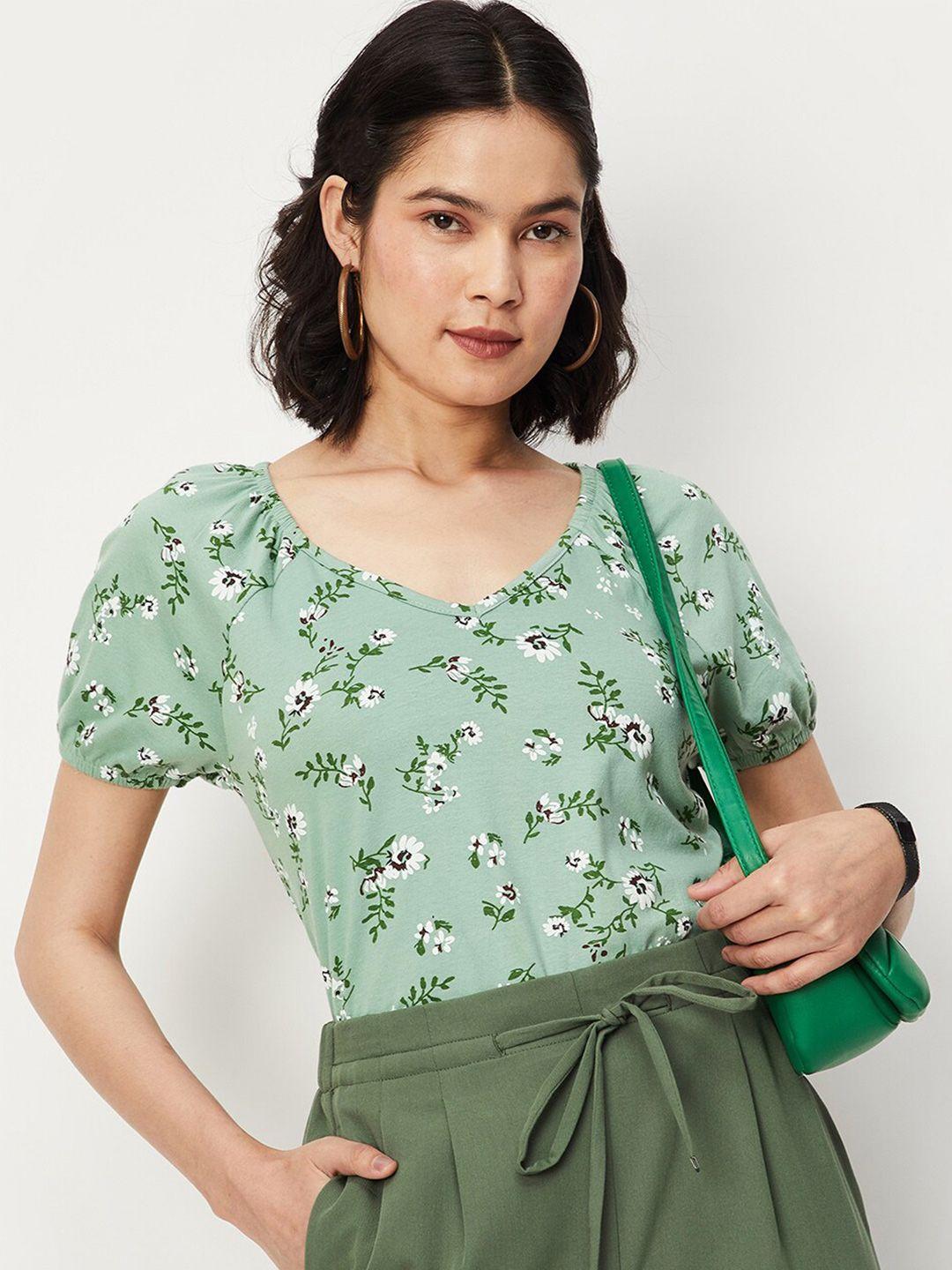 max-floral-print-v-neck-puff-sleeves-cotton-top
