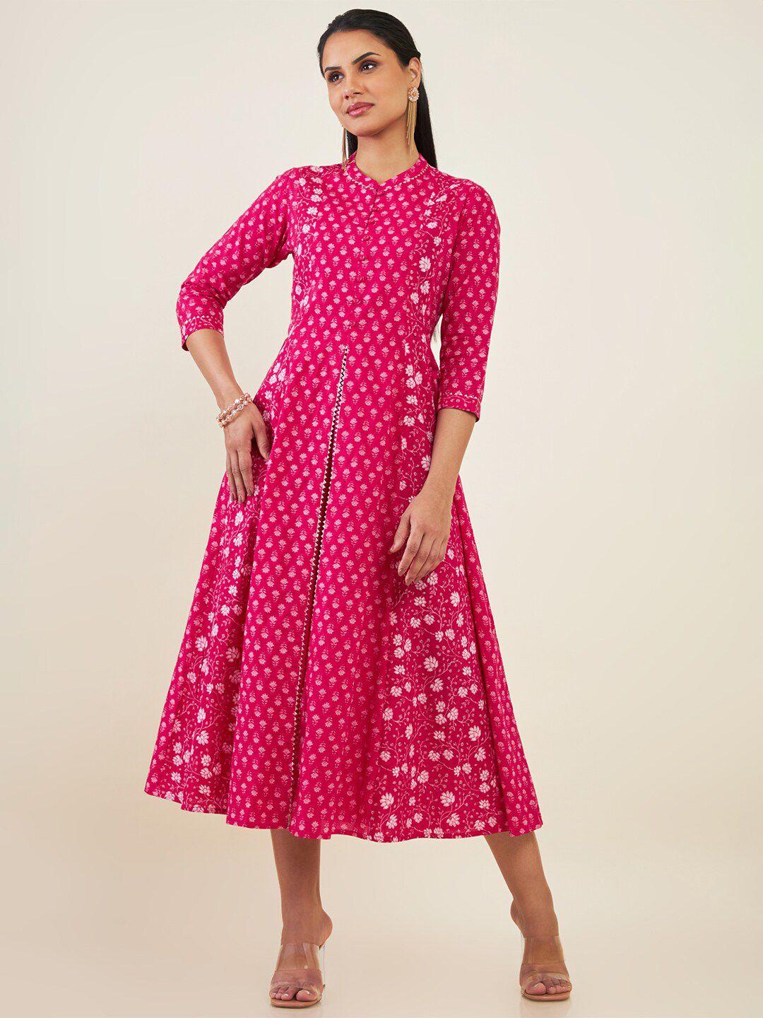 soch-mandarin-collar-floral-printed-cotton-fit-&-flare-midi-ethnic-dress