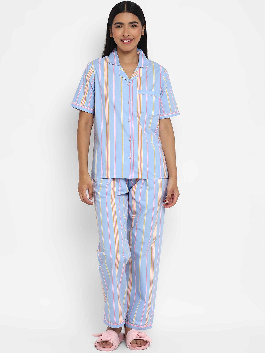 shopbloom-women-blue-&-yellow-striped-night-suit