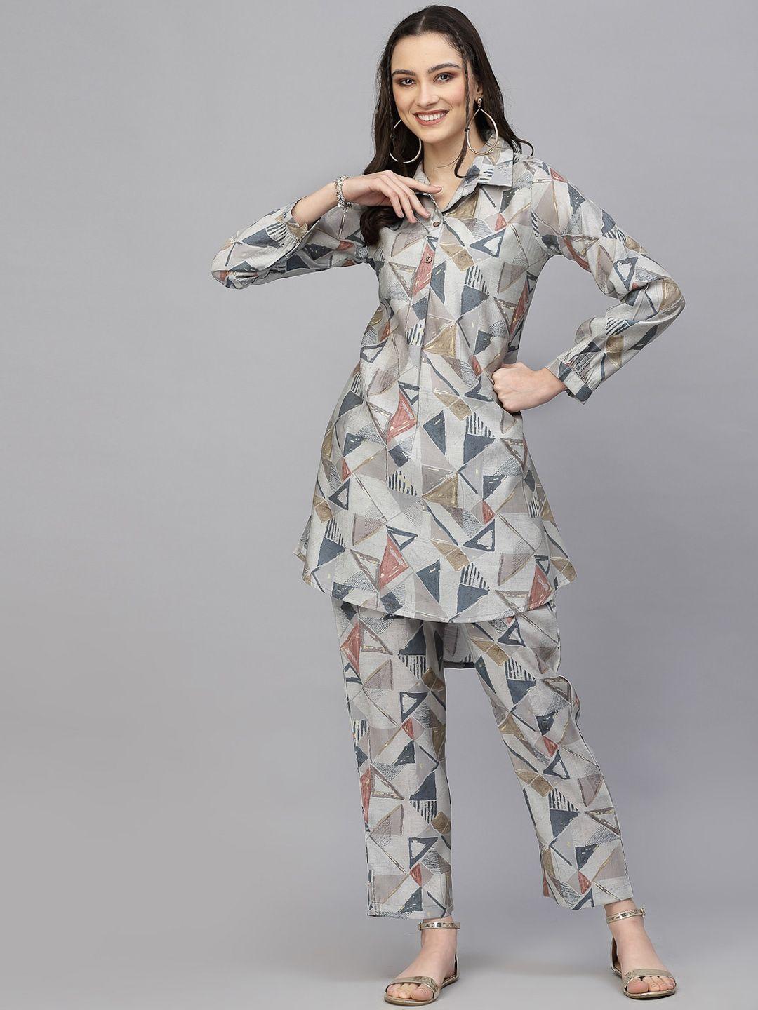 sangria-geometric-printed-pure-cotton-long-sleeves-a-line-kurta-with-trousers