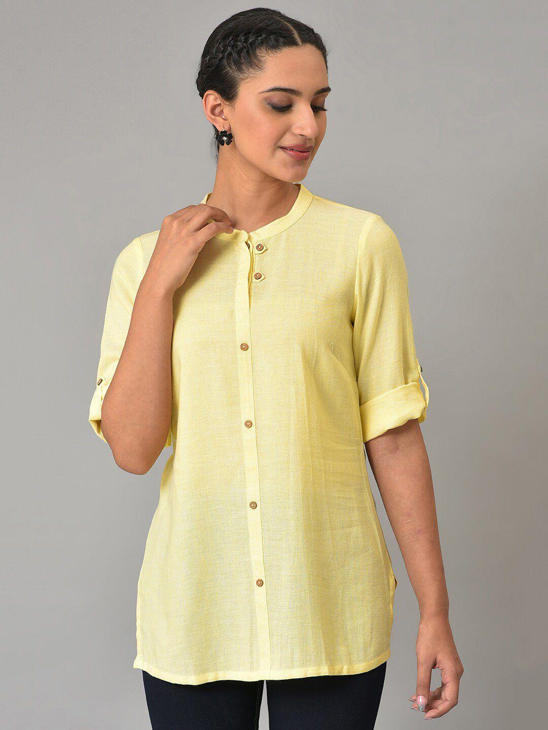aurelia-woven-design-mandarin-collar-roll-up-sleeves-straight-short-kurti