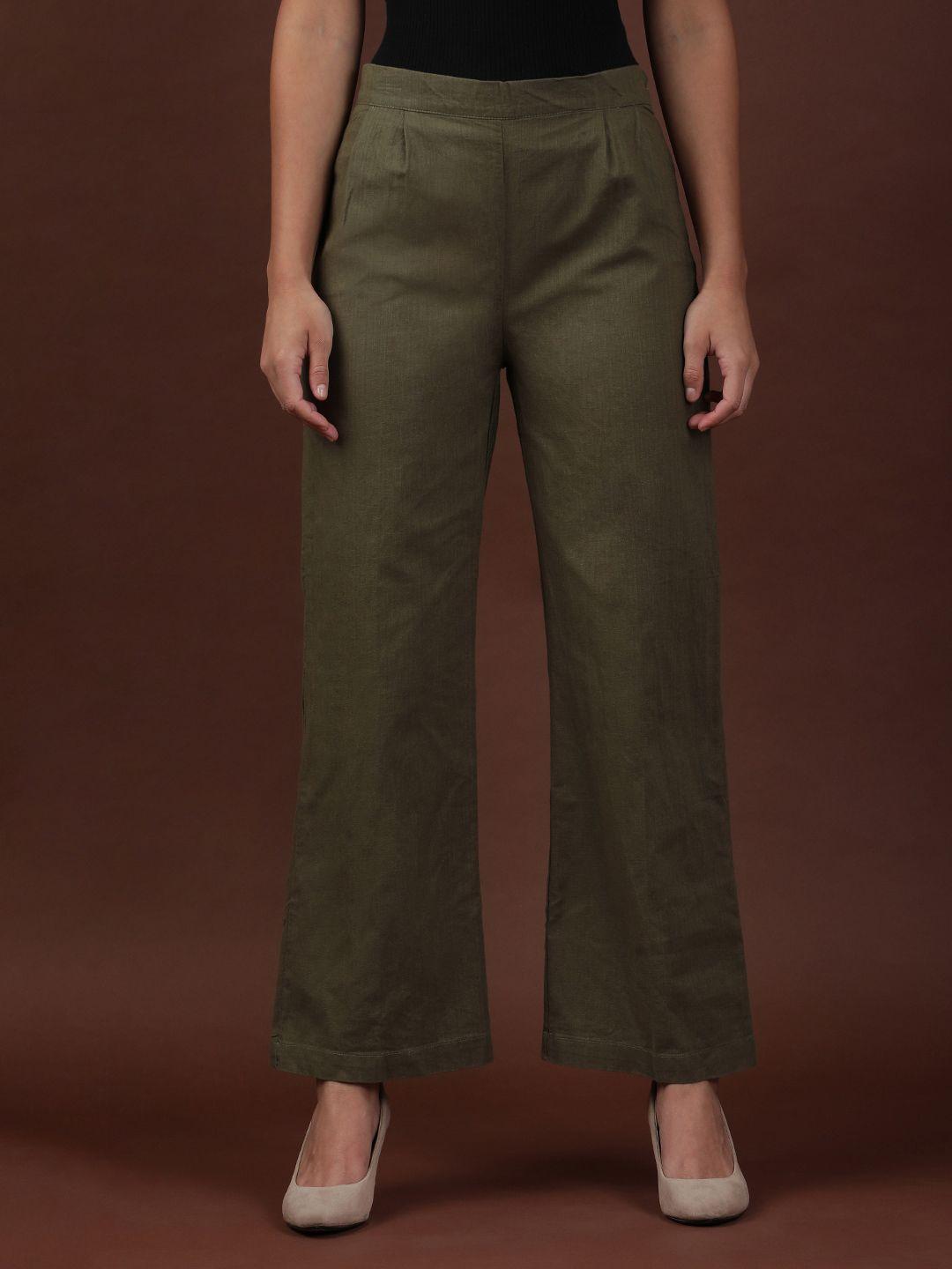 freehand-women-flared-high-rise-pure-cotton-pleated-trousers