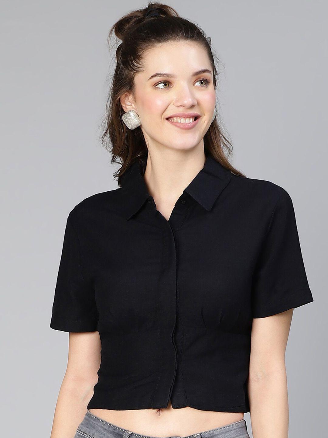 oxolloxo-spread-collar-linen-cropped-casual-shirt