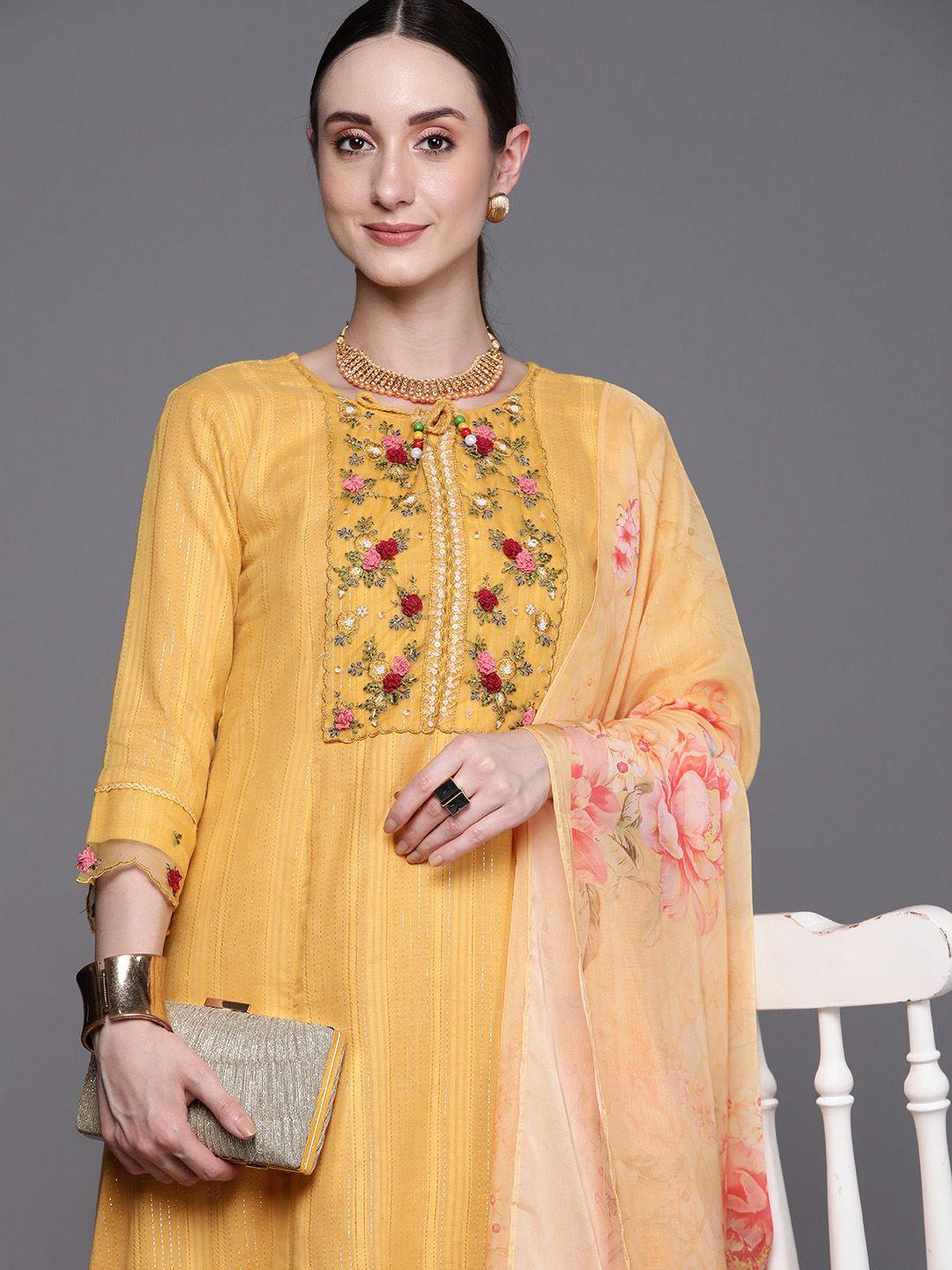 indo-era-floral-embroidered-regular-thread-work-pure-cotton-kurta-with-trousers-&-dupatta