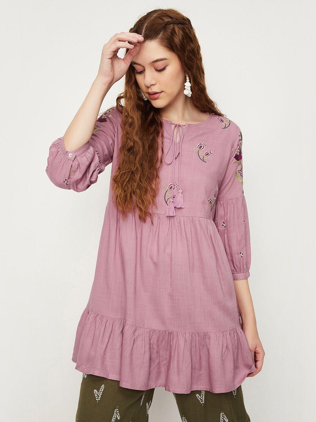 max-purple-floral-embroidered-thread-work-tie-up-neck-tunic