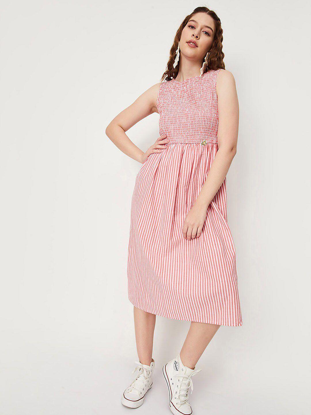 max-striped-smocked-pure-cotton-fit-&-flare-midi-dress