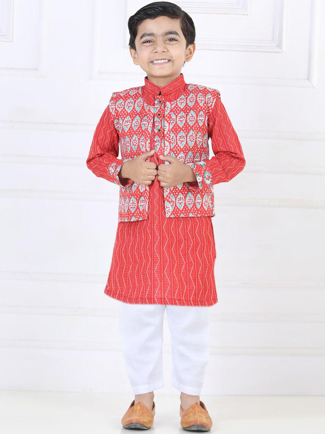 kinder-kids-boys-chevron-printed-pure-cotton-kurta-&-pyjamas-with-printed-jacket