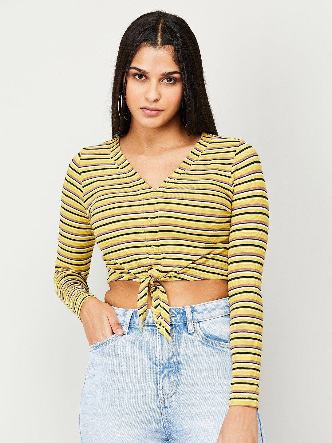 ginger-by-lifestyle-horizontal-striped-v-neck-long-sleeves-waist-tie-ups-fitted-crop-top