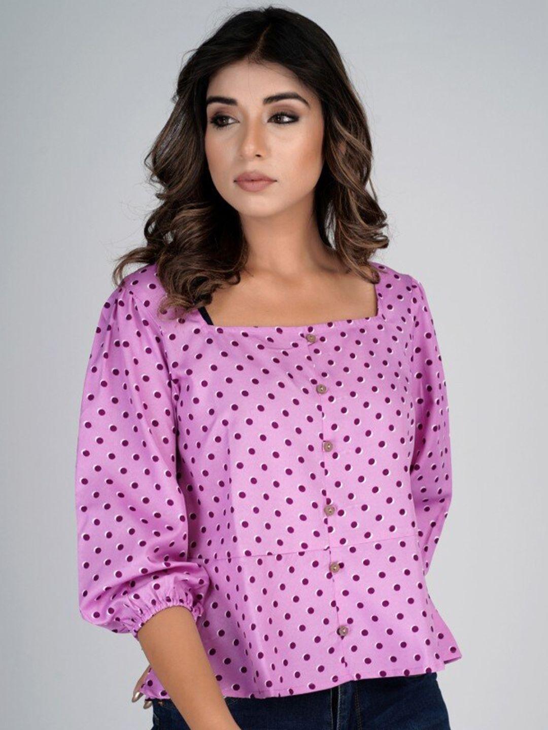 here&now-polka-dots-printed-square-neck-puffed-sleeves-blouson-top
