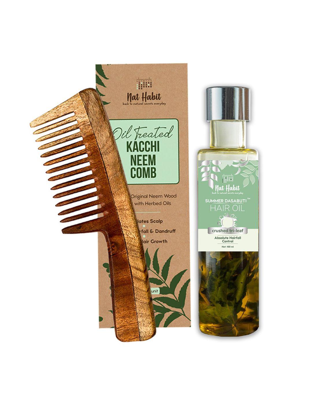 nat-habit-set-of-oil-treated-neem-comb-&-summer-dasabuti-crushed-tri-leaf-hair-oil-(100ml)