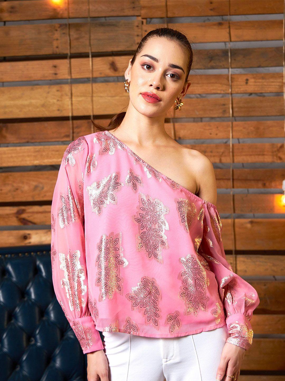 sassafras-pink-&-gold-toned-cuffed-sleeves-floral-printed-one-shoulder-top