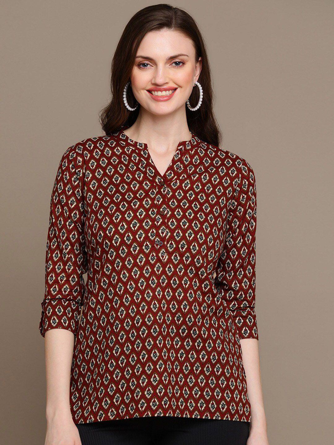 here&now-red-&-beige-floral-printed-pure-cotton-kurti