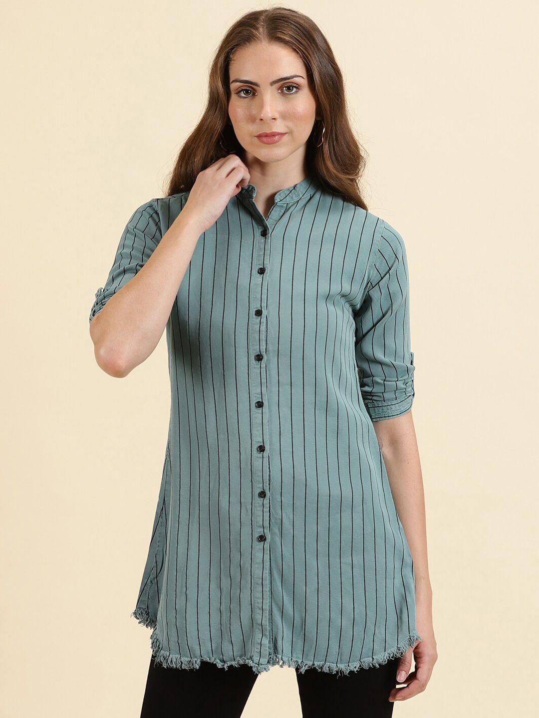 showoff-comfort-slim-fit-striped-mandarin-collar-cotton-casual-longline-shirt