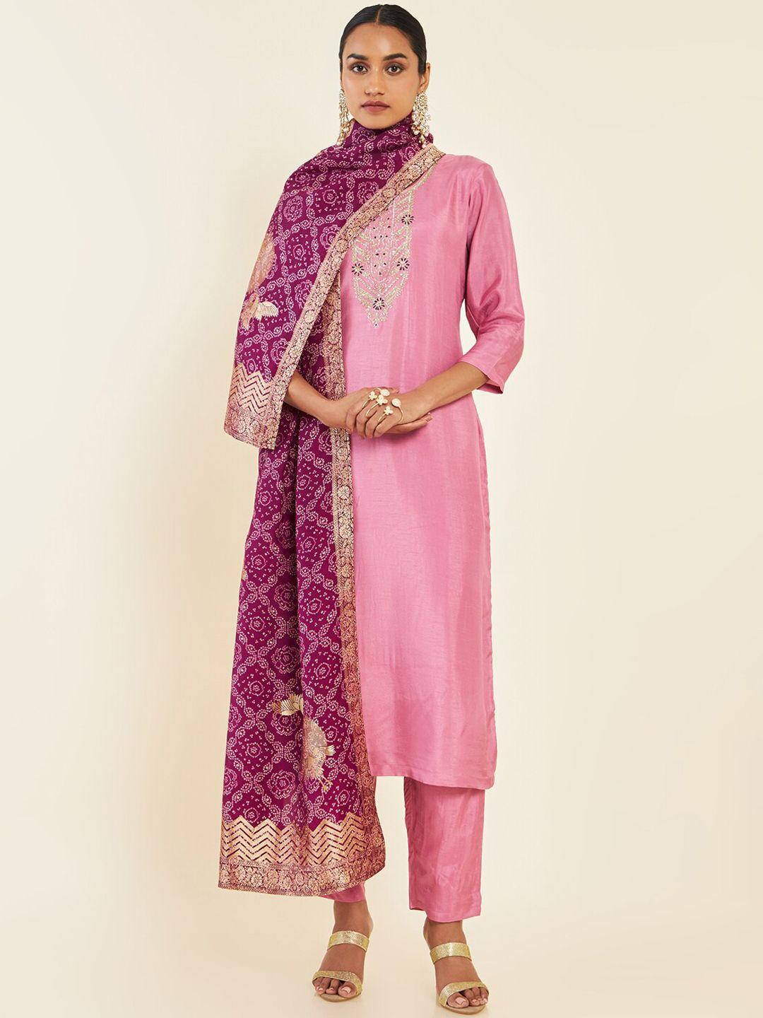 soch-pink-&-purple-floral-embroidered-yoke-design-kurta-with-trousers-&-dupatta