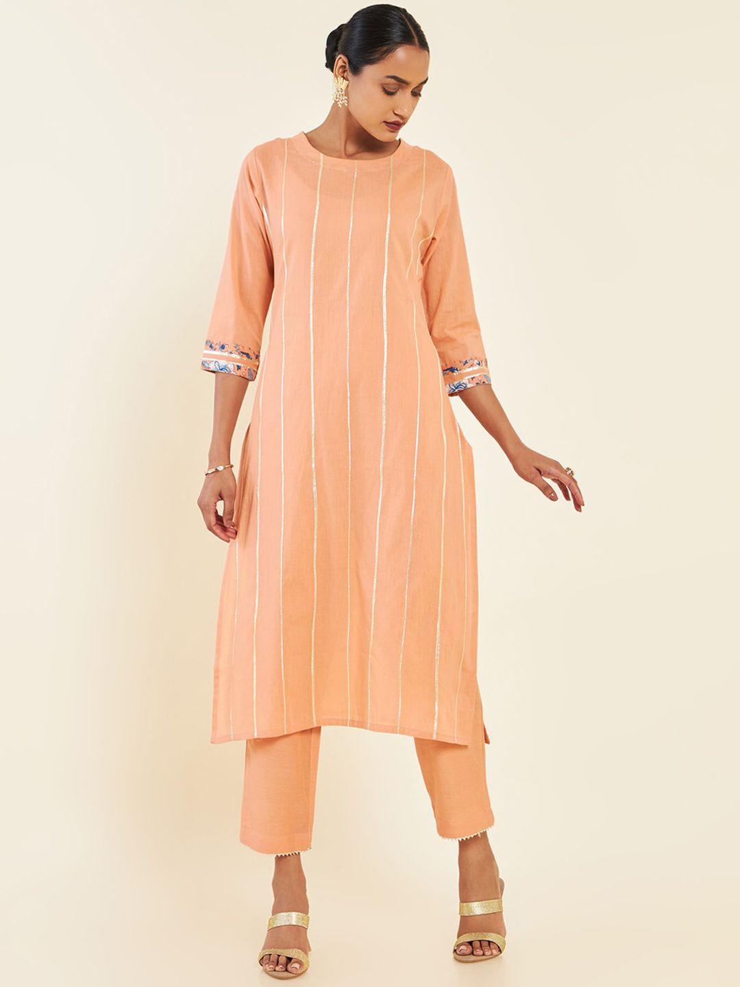soch-peach-striped-regular-pure-cotton-kurta-with-trousers