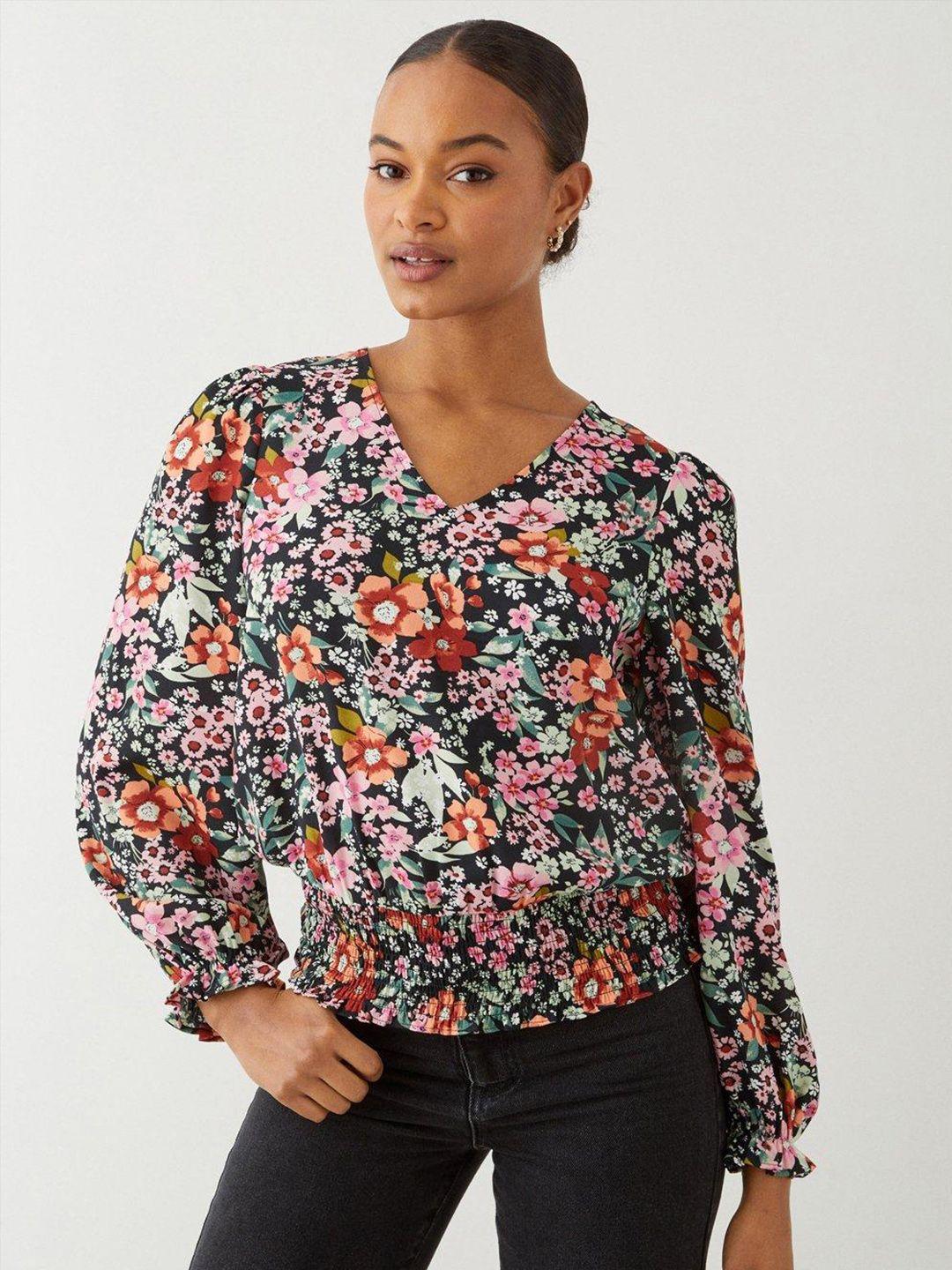 dorothy-perkins-floral-print-puff-sleeves-cinched-waist-top