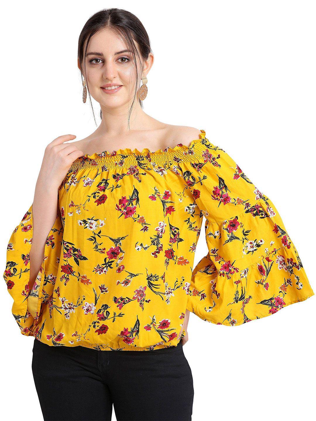 oomph!-yellow-floral-printed-off-shoulder-flared-sleeve-smocked-bardot-top