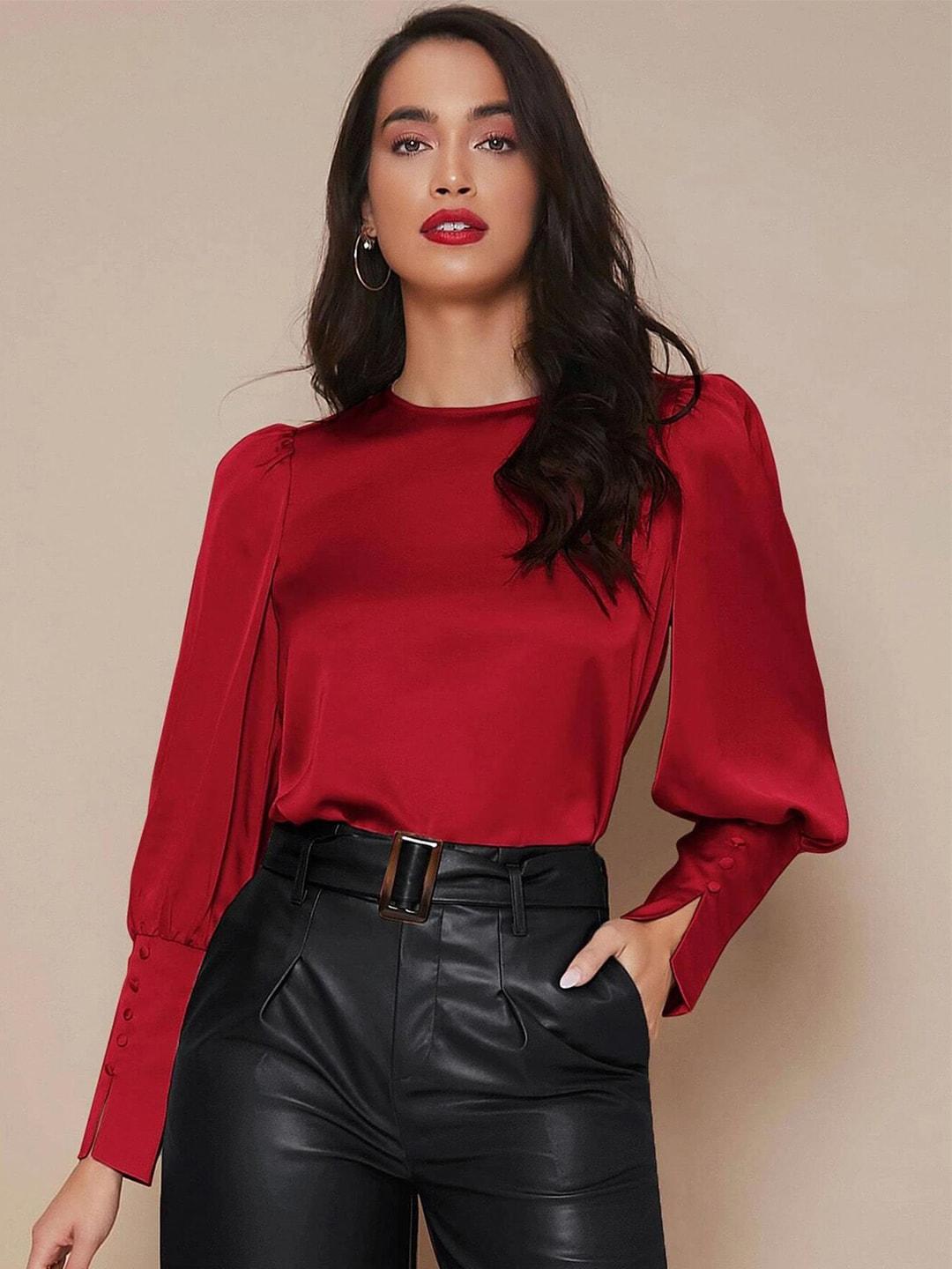 kotty-red-puff-sleeves-satin-top