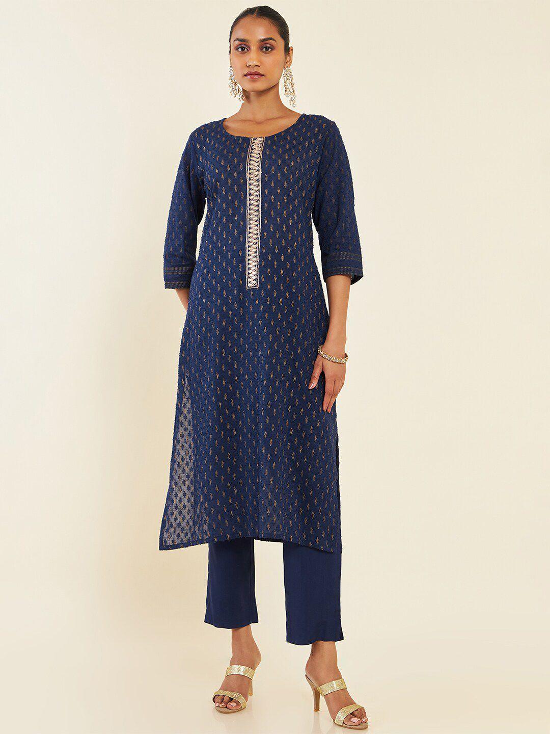 soch-navy-blue-ethnic-motifs-printed-straight-pure-cotton-kurta-&-trousers-with-dupatta