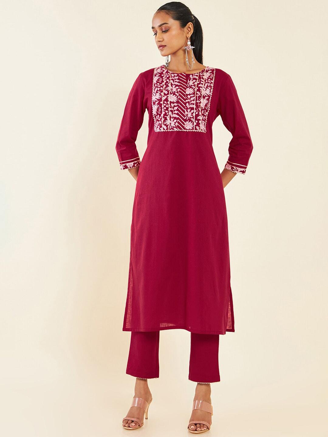 soch-maroon-floral-yoke-design-gotta-patti-pure-cotton-straight-kurta-with-trousers
