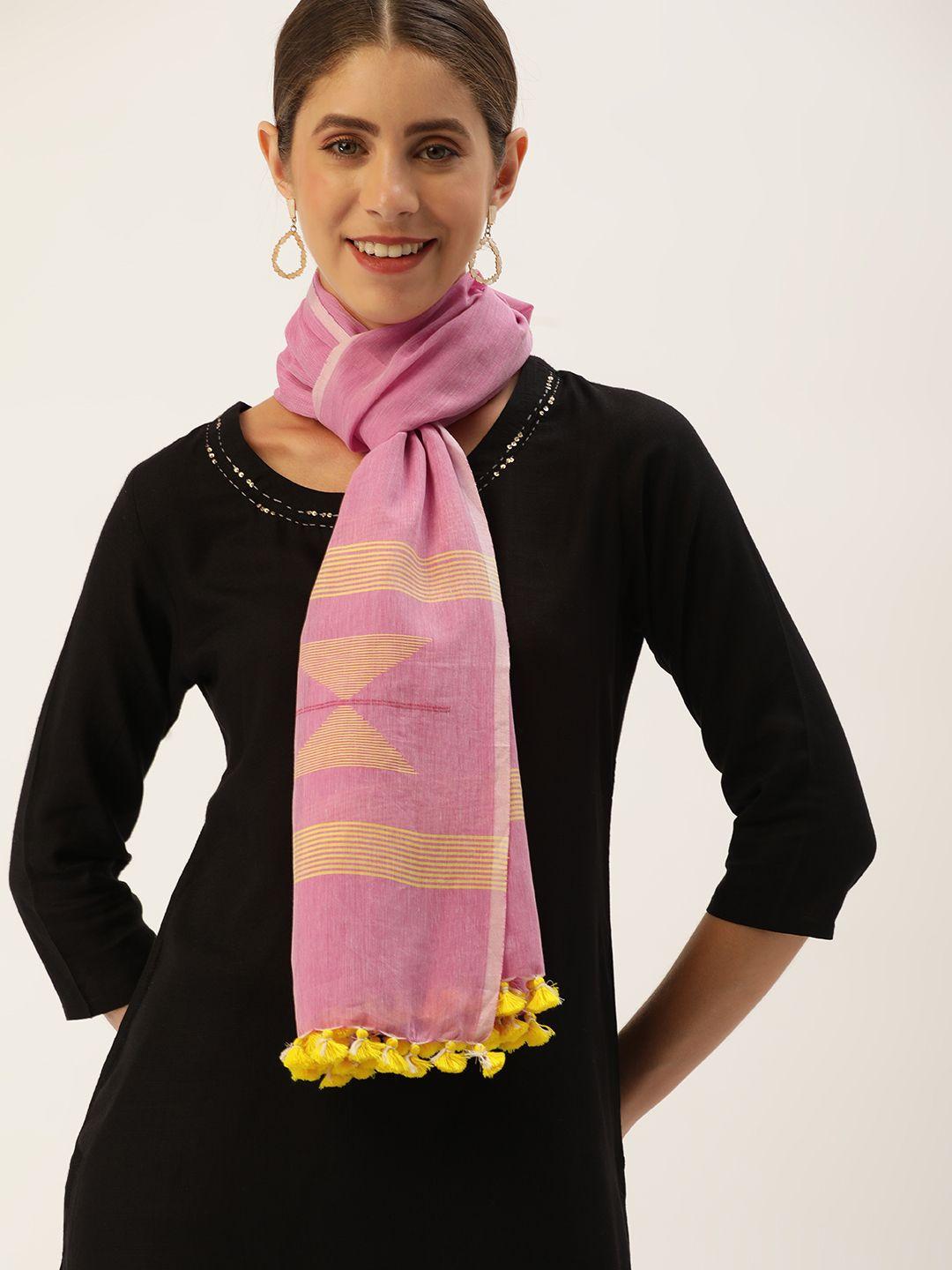arteastri-women-pink-&-yellow-woven-design-pure-cotton-stole