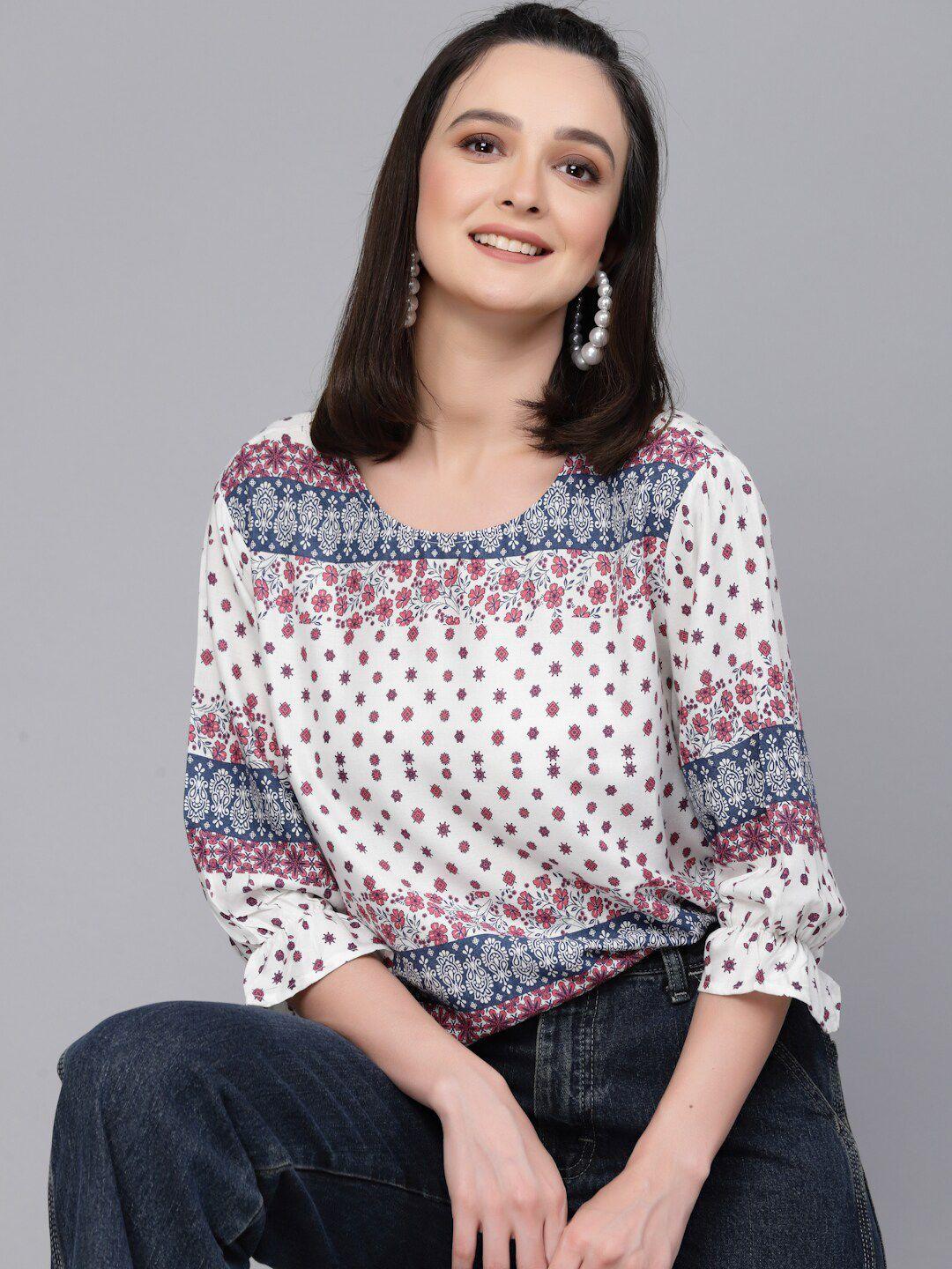 style-quotient-white-&-pink-floral-printed-puff-sleeve-top