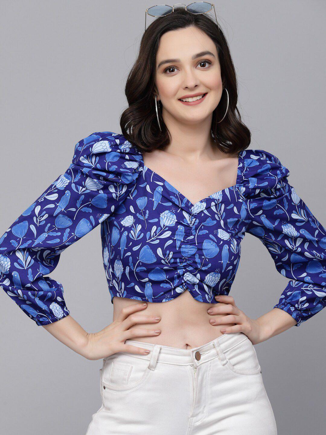style-quotient-blue-&-white-floral-printed-sweetheart-neck-puff-sleeve-blouson-crop-top