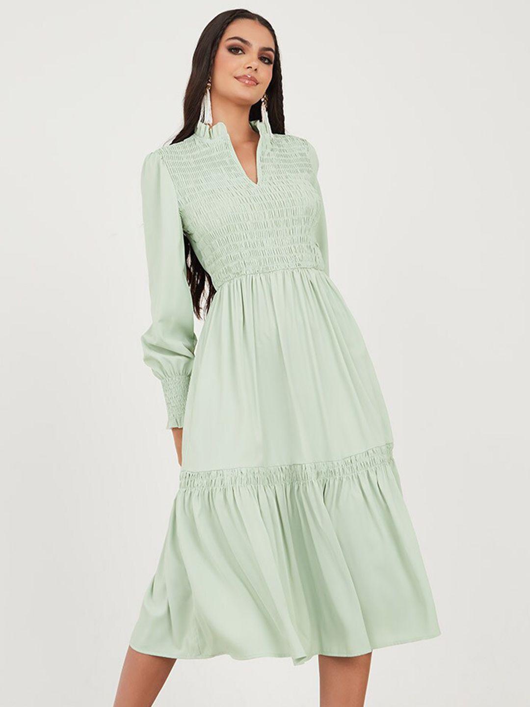 styli-sea-green-puff-sleeved-smocked-midi-a-line-dress
