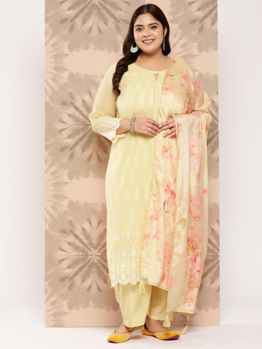 extra-love-by-libas-plus-size-floral-embroidered-thread-work-kurta-with-trousers-&-dupatta