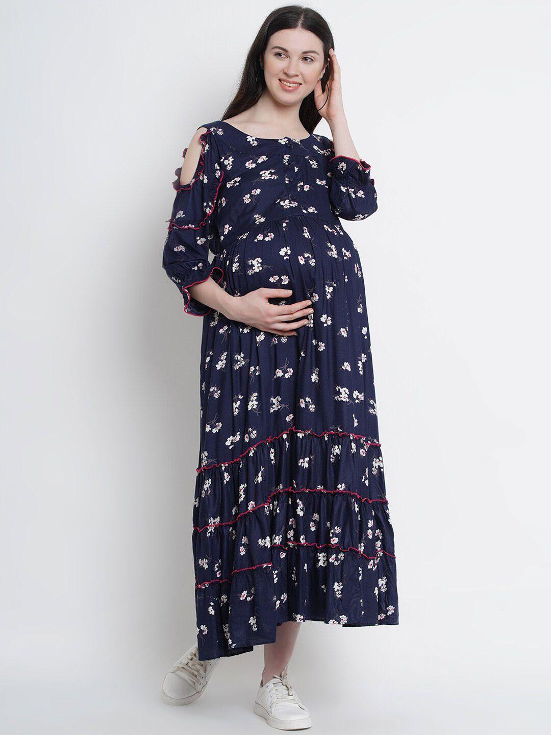 side-knot-floral-printed-boat-neck-cold-shoulder-maternity-maxi-fit-&-flare-dress