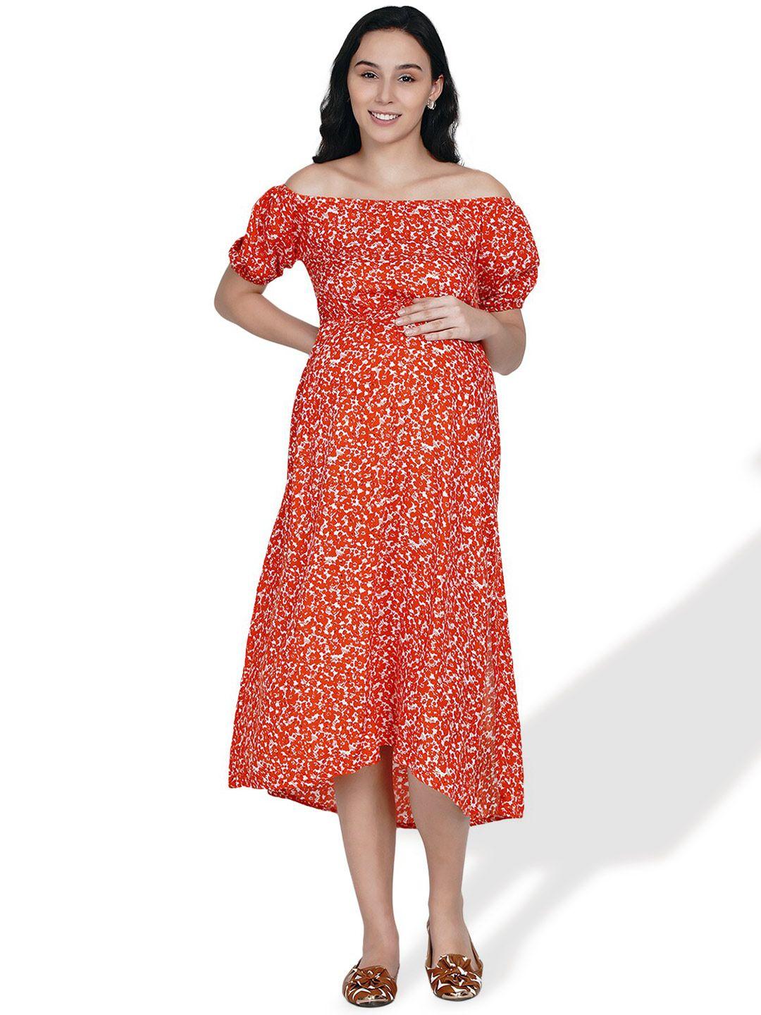 side-knot-orange-floral-print-off-shoulder-fit-&-flare-midi-dress