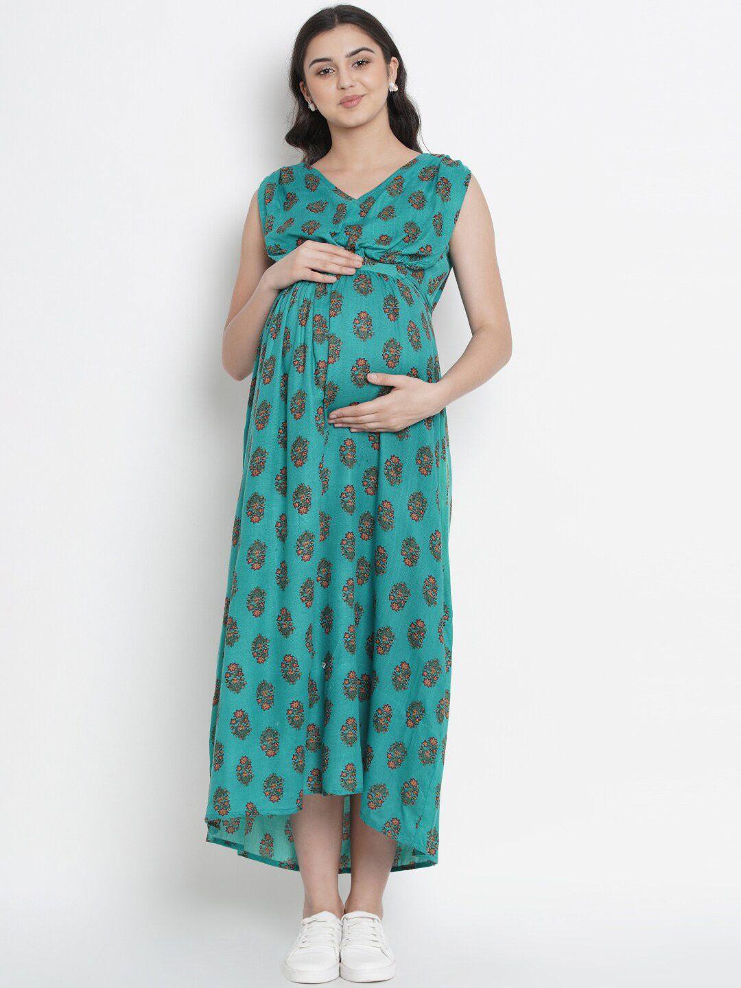 side-knot-floral-printed-v--neck-maternity-maxi-dress