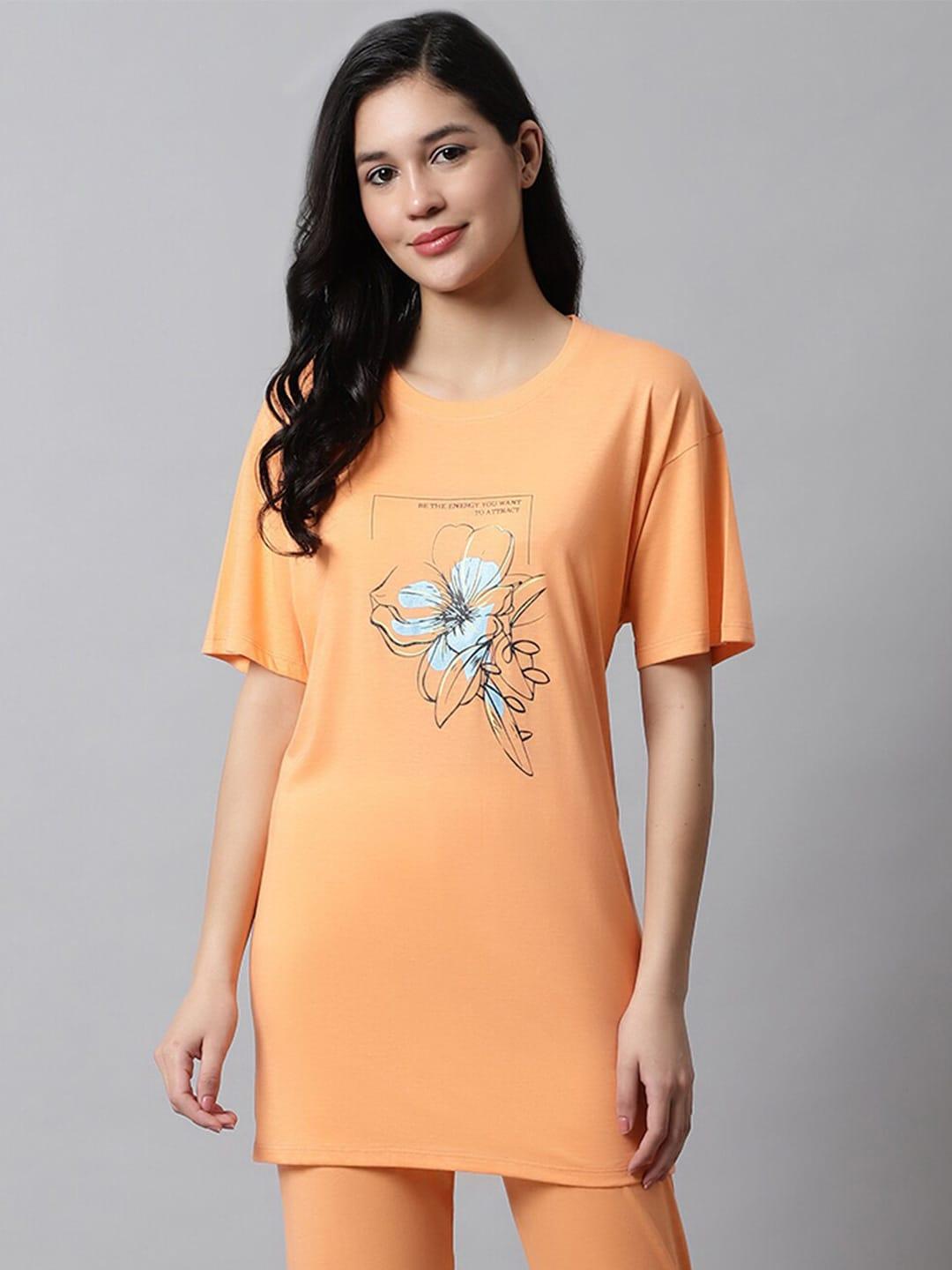 kanvin-orange-floral-printed-drop-shoulder-sleeves-oversized-longline-t-shirt