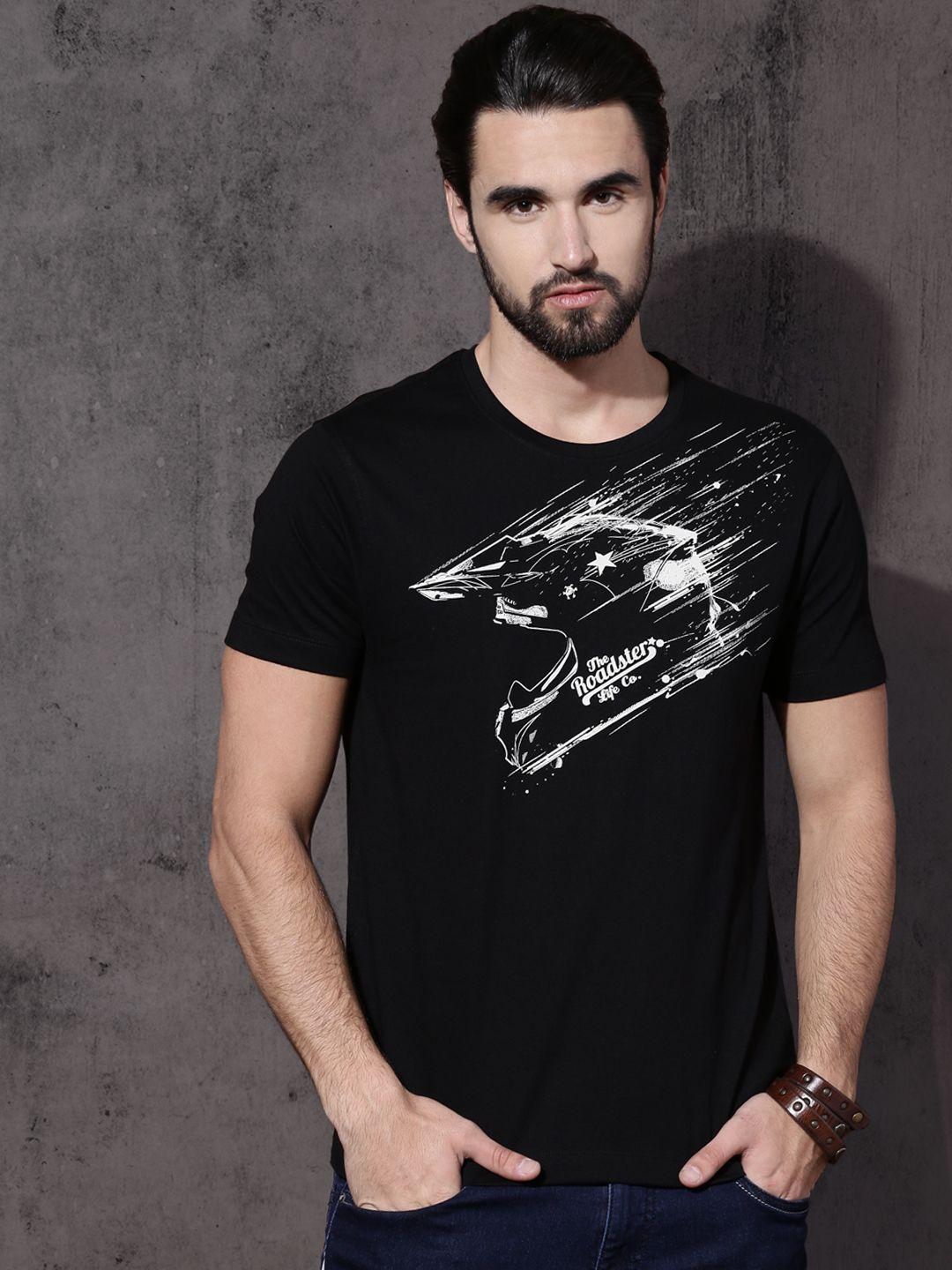 roadster-men-black-printed-round-neck-pure-cotton-t-shirt