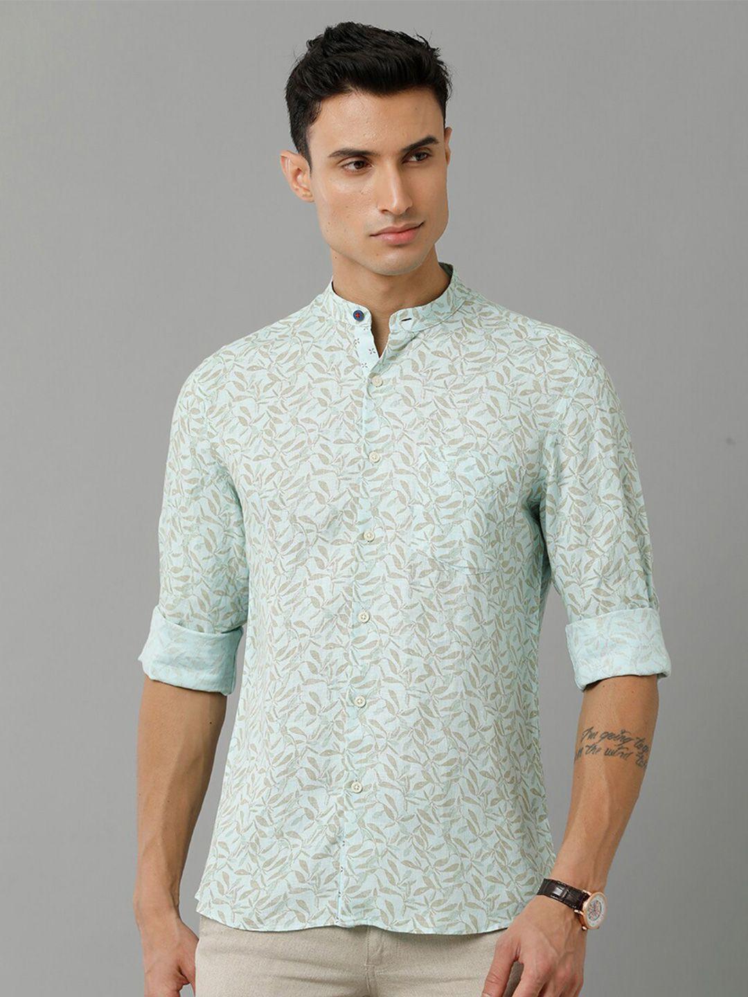 linen-club-floral-printed-band-collar-pure-linen-casual-shirt