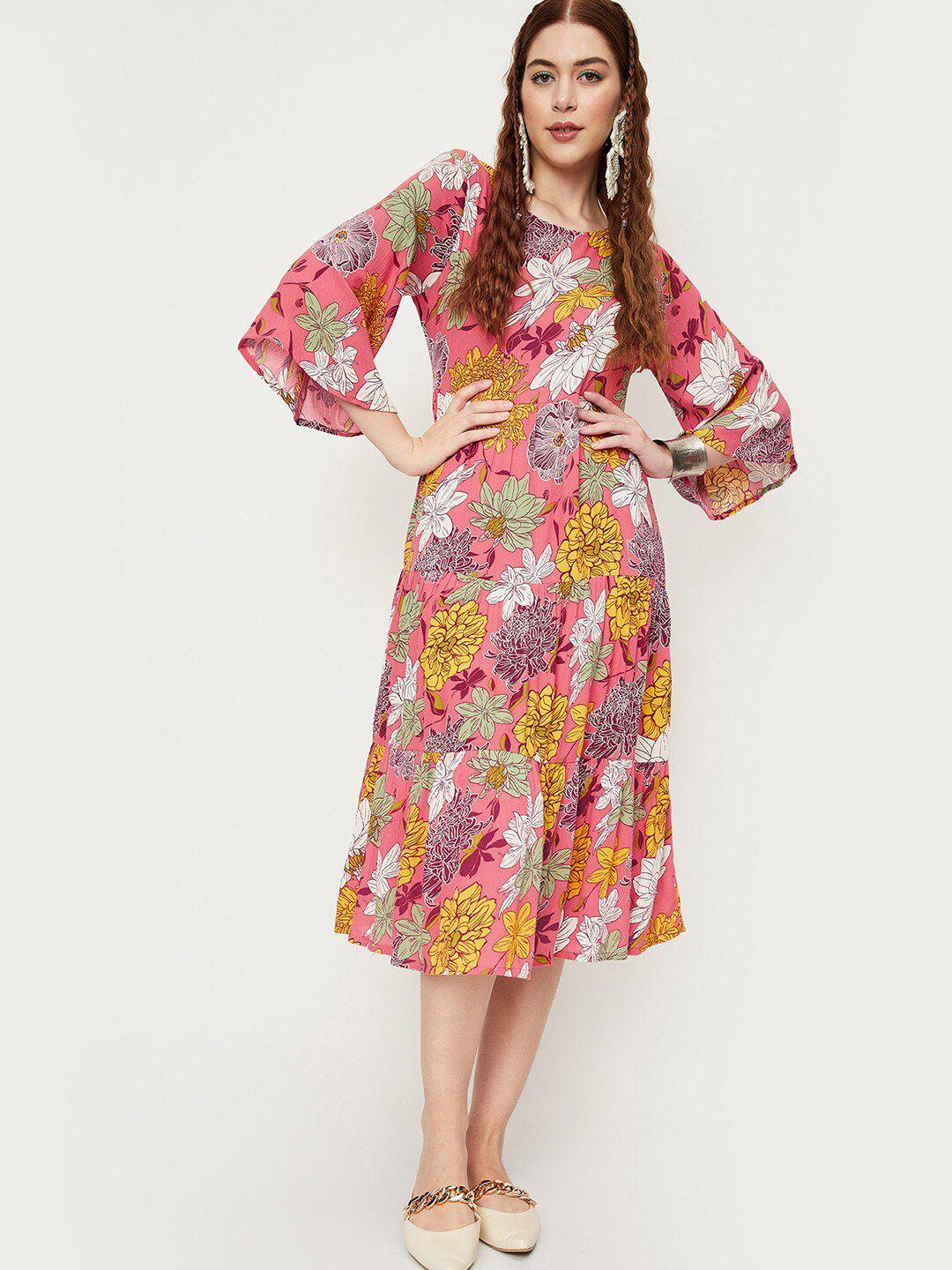 max-maroon-floral-print-bell-sleeve-fit-&-flare-midi-dress