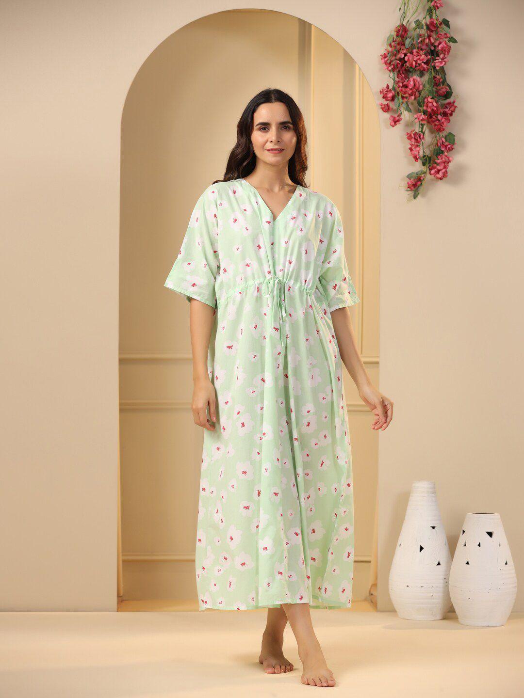 sanskrutihomes-lime-green-floral-printed-pure-cotton-maxi-nightdress