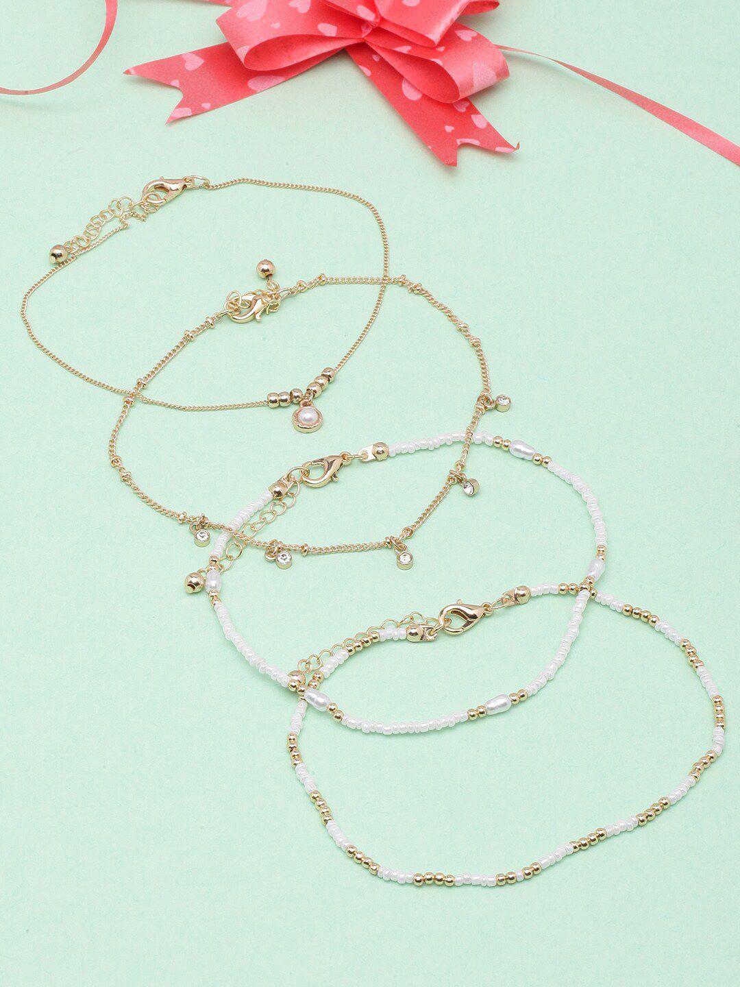dressberry-white-set-of-4-gold-plated-beaded-anklets