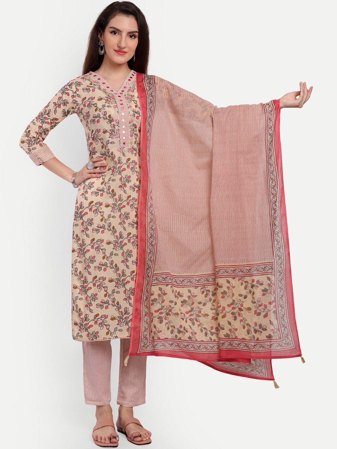 kasheeda-women-beige-floral-embroidered-regular-thread-work-pure-cotton-kurta-with-trousers-&-with-dupatta