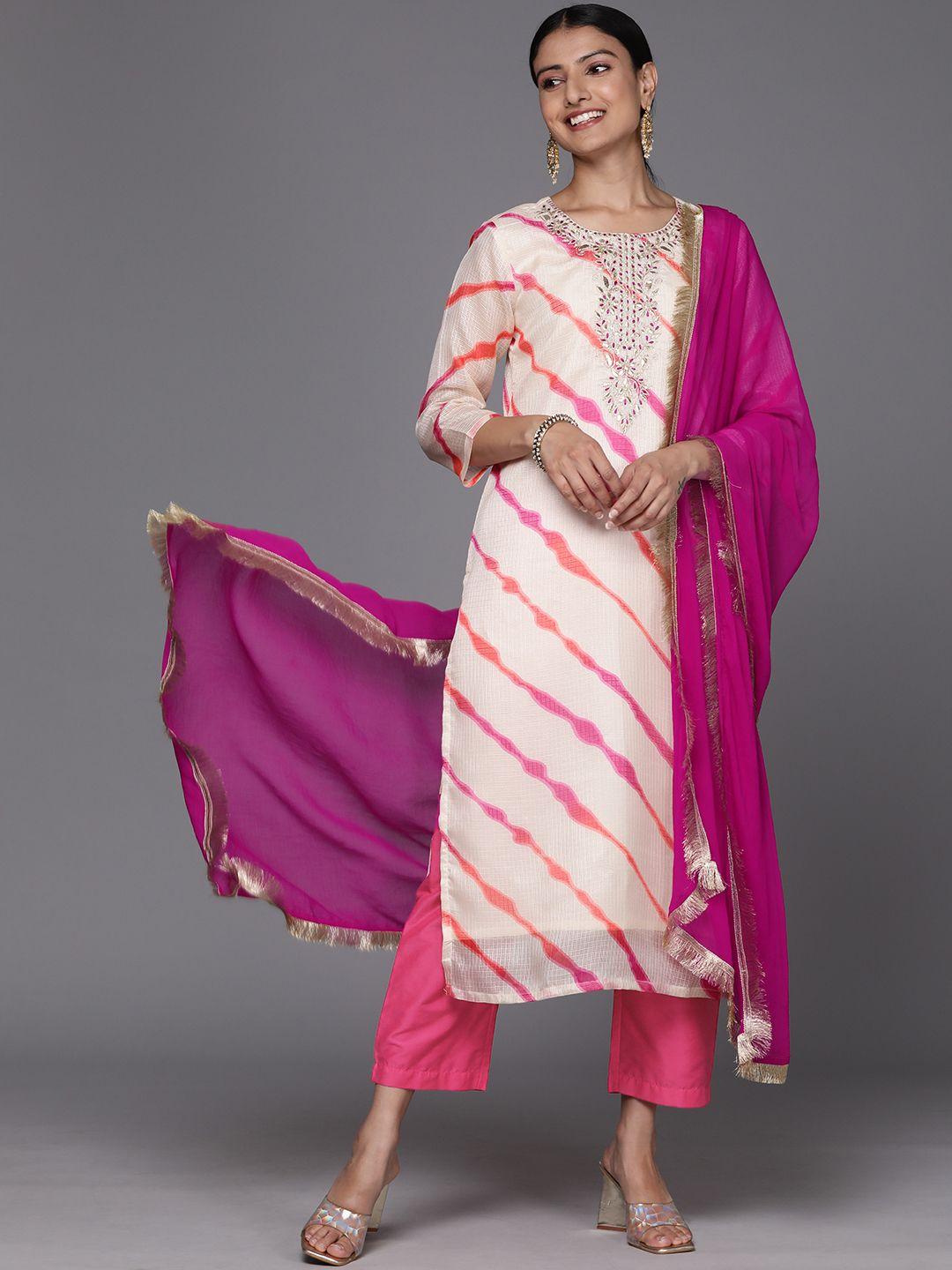 varanga-women-leheriya-striped-gotta-patti-straight-kurta-with-trousers-&-dupatta