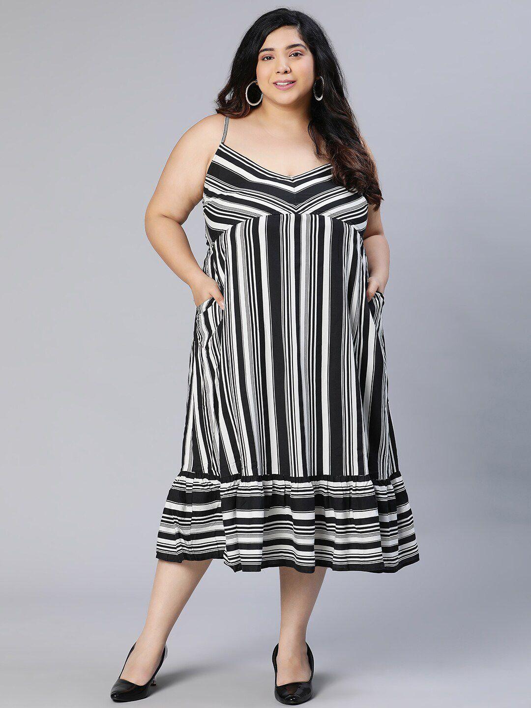 oxolloxo-black-striped-crepe-a-line-midi-dress