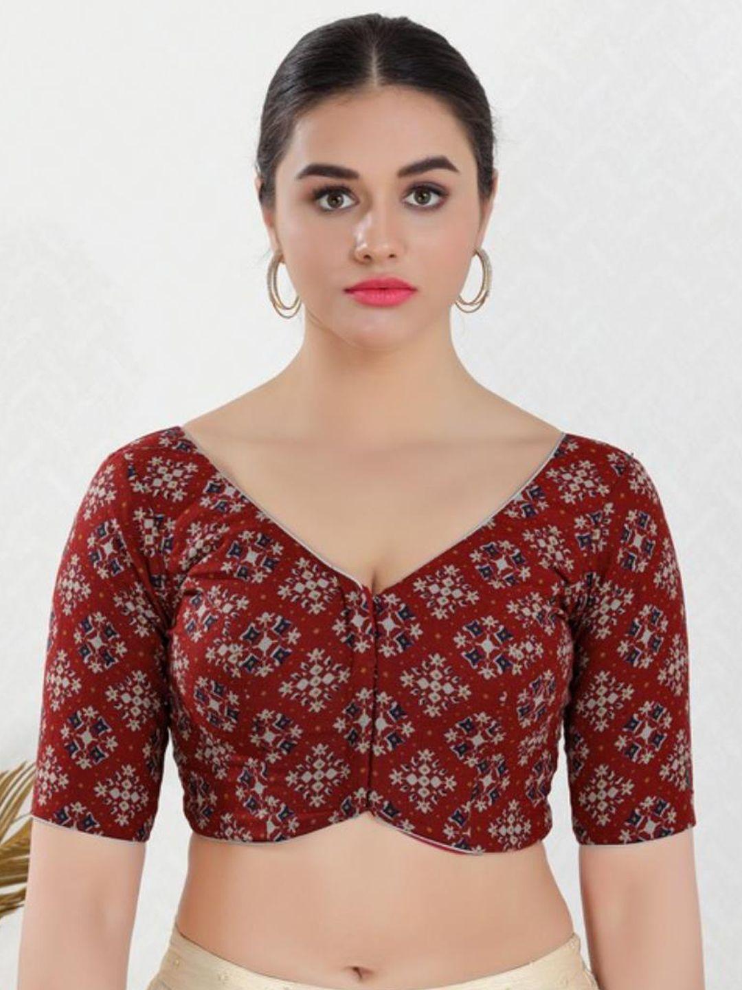 salwar-studio-v-neck-printed-readymade-saree-blouse