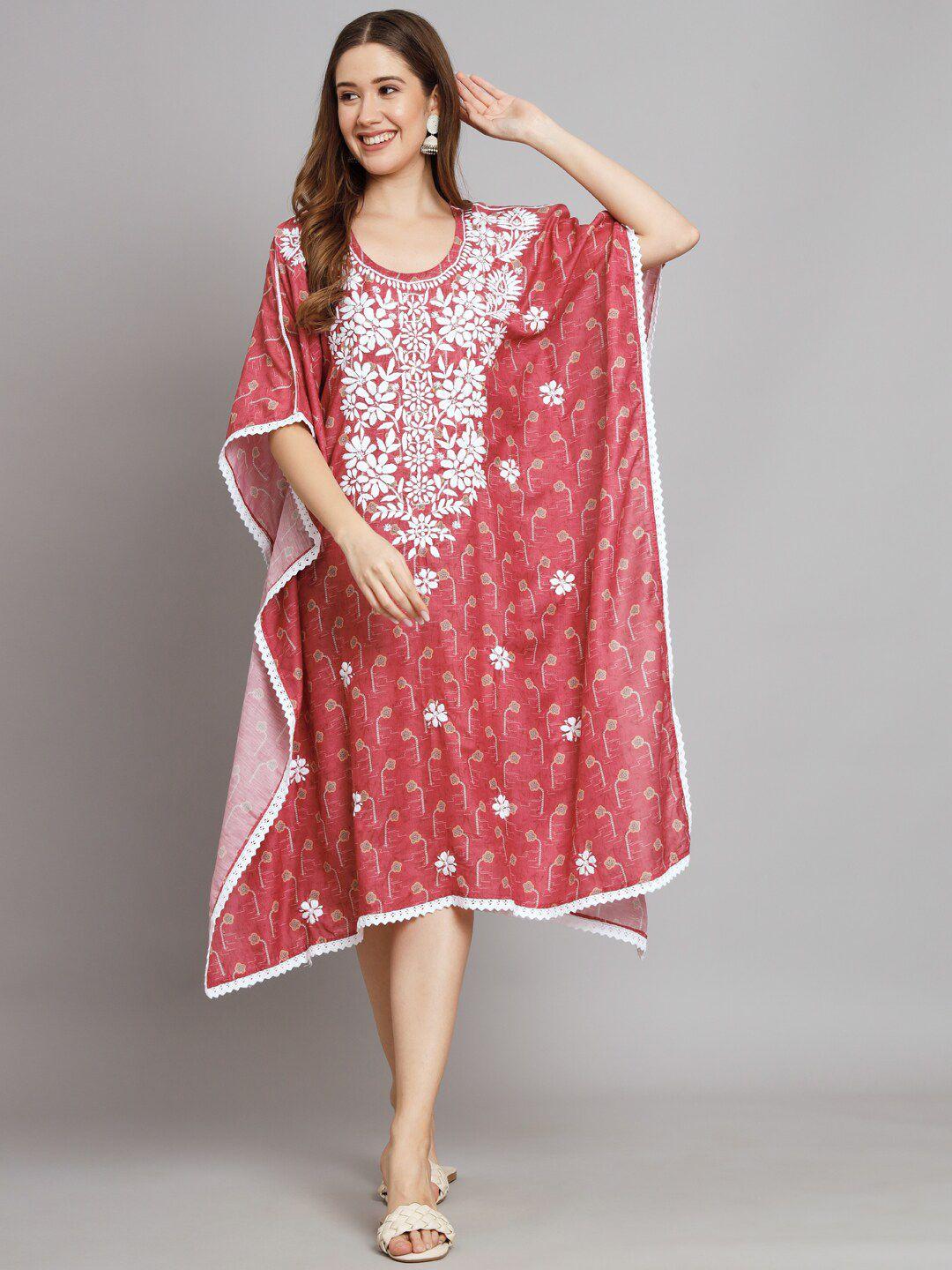 paramount-chikan-floral-printed-embroidered-cotton-kaftan-midi-ethnic-dress