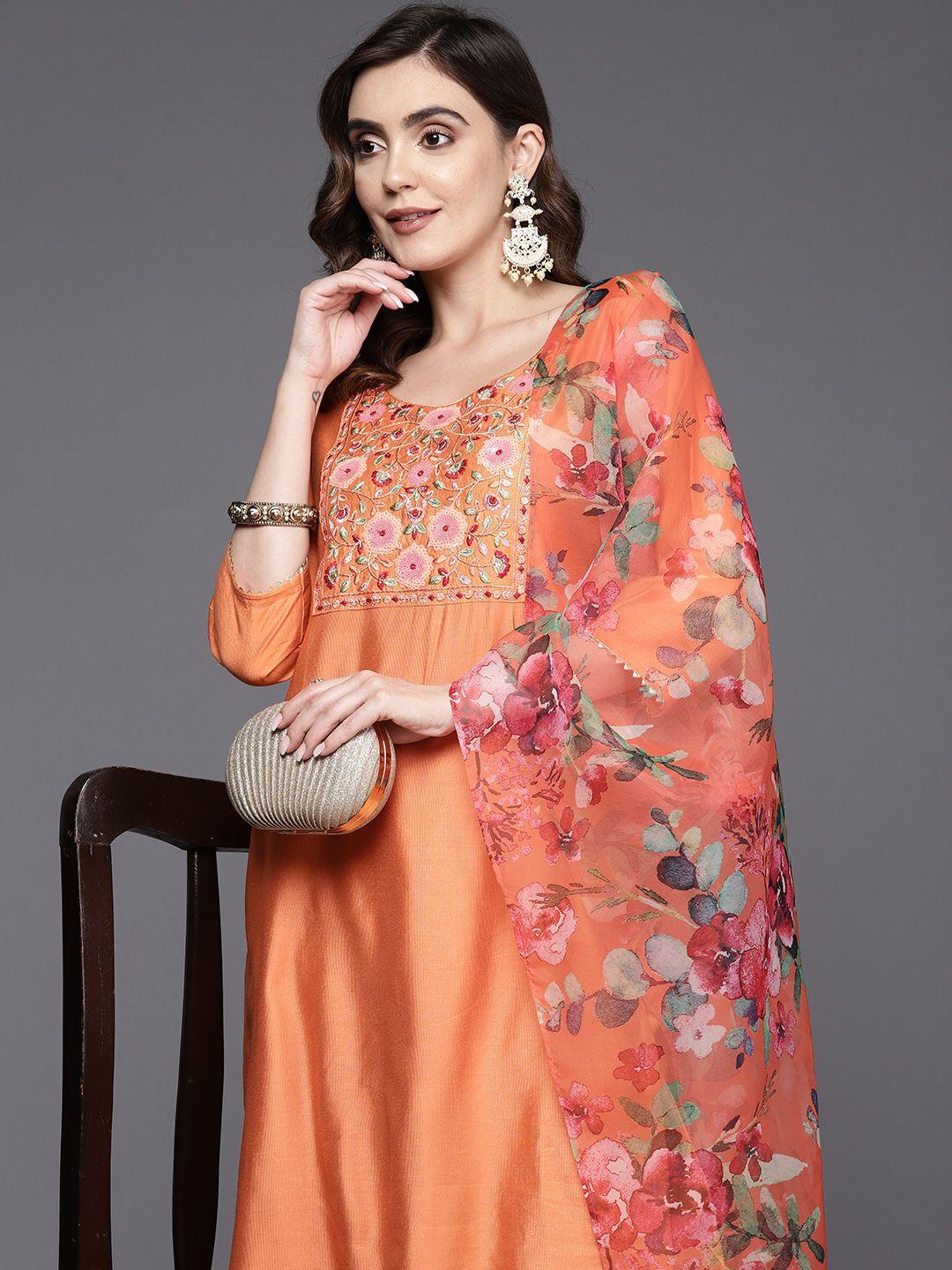 indo-era-women-floral-yoke-design-regular-sequinned-liva-kurta-with-trousers-&-dupatta
