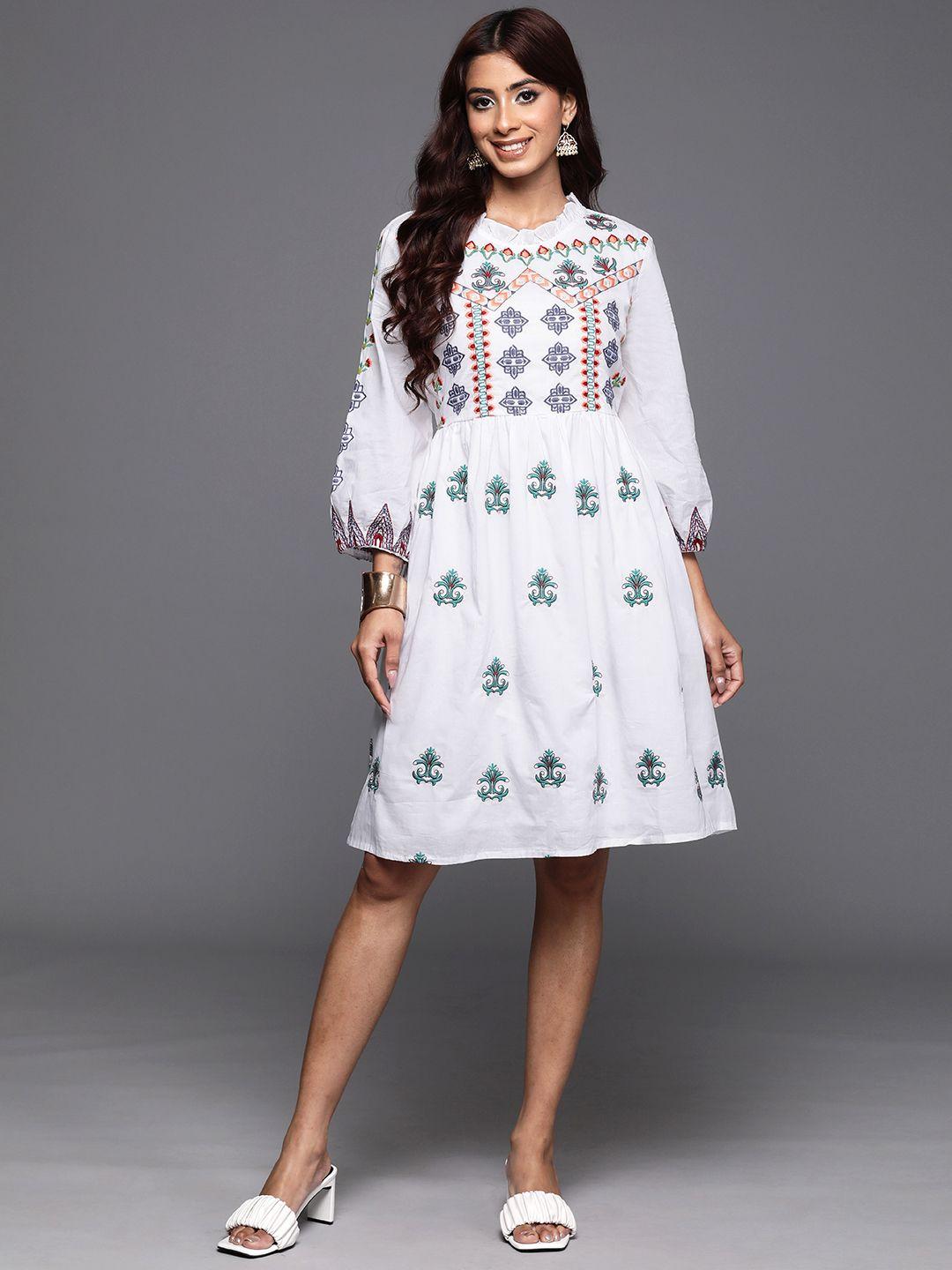 indo-era-ethnic-motifs-high-neck-embroidered-puff-sleeves-a-line-dress