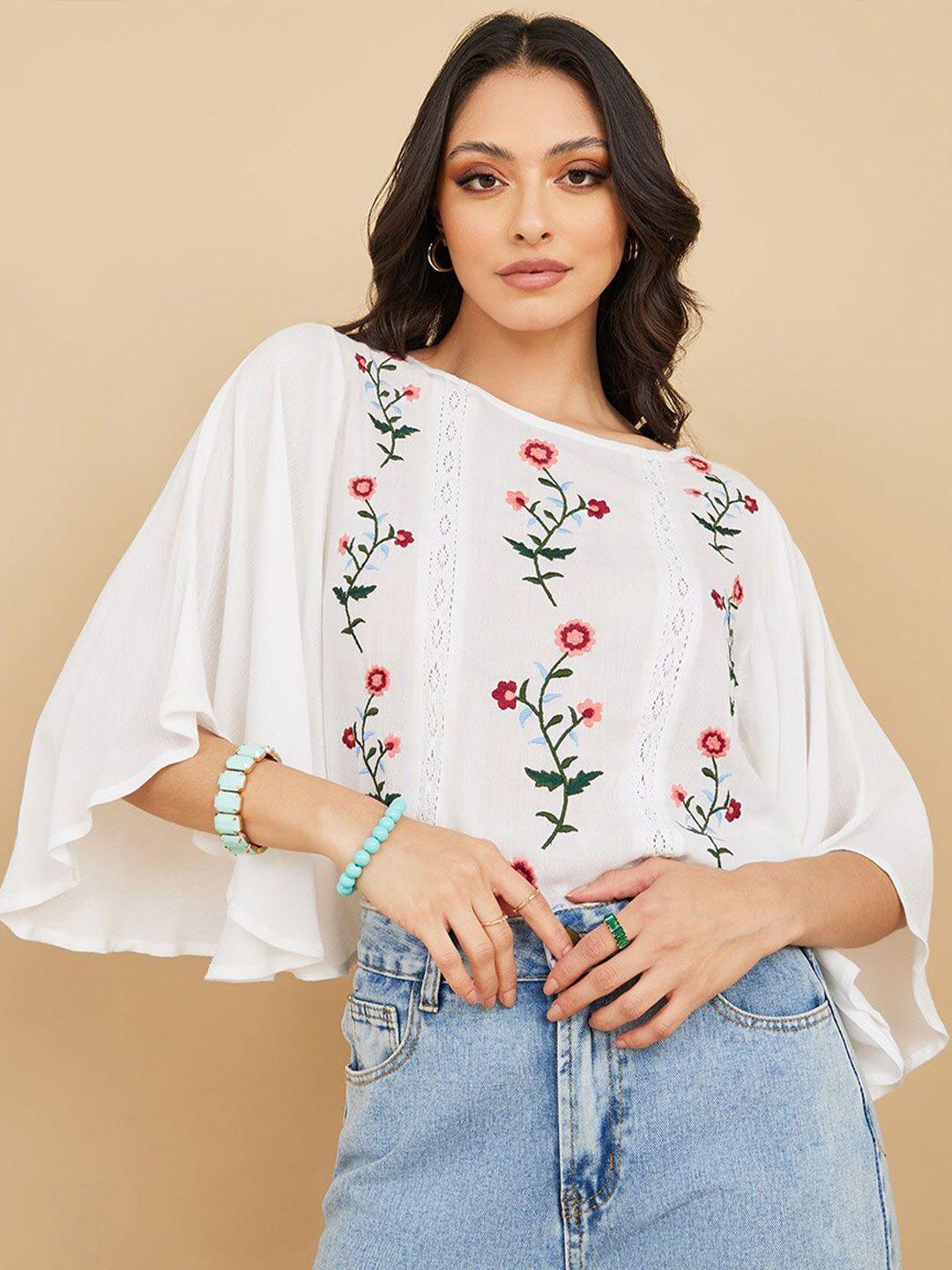 styli-white-floral-embroidered-boat-neck-flared-sleeve-top